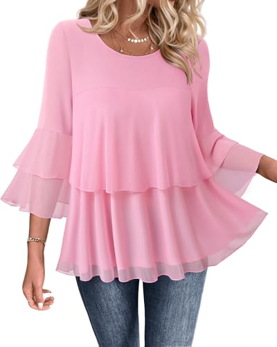 Bebonnie Pink Dress Shirts for Women: Womens Plus Size Dressy Boho Tops Summer Spring Ruffles Sleeve Elegant Evening Cocktail Flowy Blouses Tunic Tops that Hide Belly Fat for Curvy Women Pink XXXL