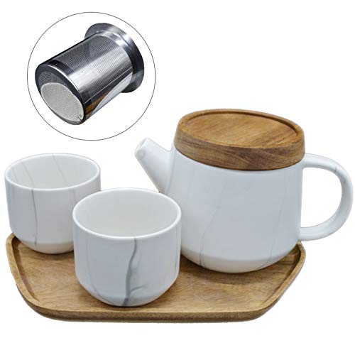 White Marble Ceramic Tea Set Porcelain Teapot Set with 2 Cups and Wood Tray 25 oz Tea Pot with Infuser and Wood Lid Tea Kettle Set with Gift Box for Home and Office