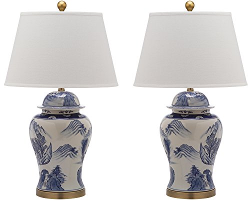 SAFAVIEH Lighting Collection – Shanghai Ginger Jar Set of 2 Blue & White Ceramic Table Lamps with White Shades, 30-Inch Traditional Accent Lamps, LED Bulbs Included (LIT4173A-SET2)