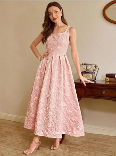 Image of Women's Floral Jacquard Midi Dress, Blush Pink, Square Neck, Pleated A-Line, Sleeveless Formal Party Dress