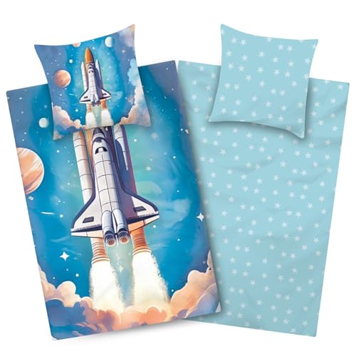 Aminata kids - Weltraum Biber Bettwäsche 135x200 Kinder Junge, Rakete...