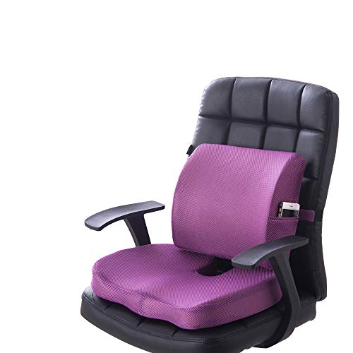 CompuClever Los Cojines del Asiento de Espuma de Memoria y el Apoyo Lumbar brindan Alivio para el Dolor de Espalda Sciatica Tailbone Coccyx Almohada ortopédica para Silla de Oficina Car Purple