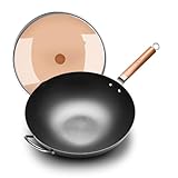 WANGYUANJI 14.2-Inch Pure Iron Wok with Lid, Flat-Bottom Uncoated Stir-Fry Pan for Induction/Gas/Electric, Traditional Chinese Wok with Tempered Glass Lid & Wood Handle