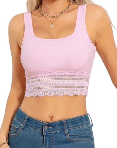 BEINF Camiseta Mujer Crop Top Cuello Cuadro Verano Y2K Tank Tops Camiseta sin Mangas Slim Fit Camisola Básica de Encaje Empalmado Rosa XS