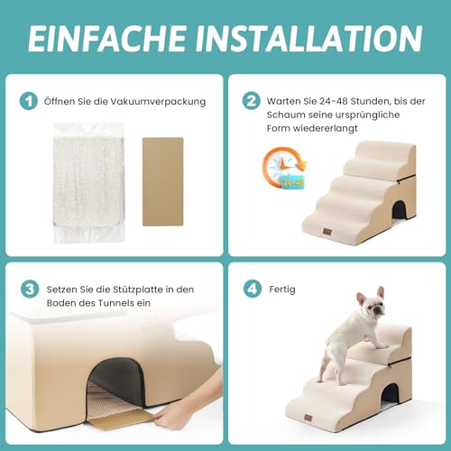 COZY KISS Hundetreppe für Kleine Hunde, Haustiertreppe für Hochbett aus Hochdichtem Schwamm, Hunde Treppe Hunderampe mit Waschbarem Bezug (Beige, 84 × 50 × 57 cm, 5)