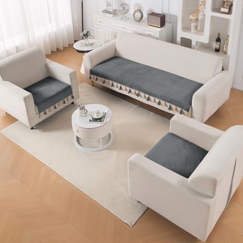 Image of HOKIPO Premium Holland Velvet Sofa Cover 5 Seater Set - Washable 3+1+1 Sofa Cover Mat with Tassel | 'TasselTone Series' | Graphite Grey (IN-1108+1104-DGRY*2)