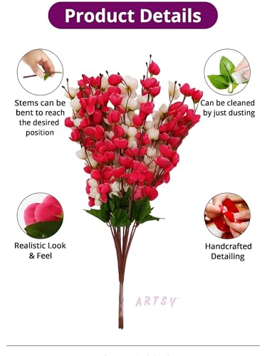 Image of ARTSY Artificial Flowers Bunch for Decoration Cherry Blossom, Ideal for vase, Home, Office Decor, Gifts, Craft, Artificial Plants for Decoration, Without vase, White Maroon, Combo, 2 Pieces