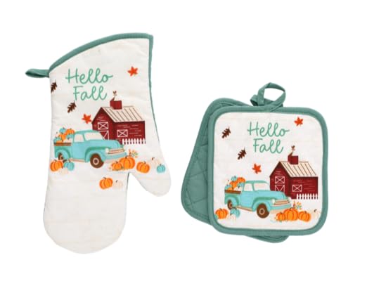 BLJ Hello Fall Pumpkin Harvest Vintage Truck Farmhouse Thanksgiving Print Autumn Theme Decorative Kitchen Linen 3 Piece Set, 1 Oven Mitt, 2 Potholder.