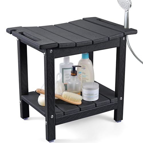 LyriFine Shower Bench, 18.5 Inch HDPE Waterproof Shower Stool for Inside of Shower, Bathroom Shower Chair with Shower Head Holder, 350LBS Sturdy Shower Stool for Elderly Seniors Shaving Legs, Black