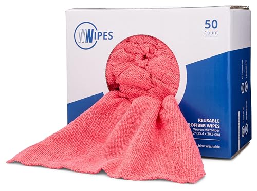 Microfiber Wholesale Microfiber Shop Towels | MWipes Reusable Red Shop Rags | 50 Rags in a Box | Super Absorbent, Machine Washable Hundreds of Times | Automotive, Paint, Industrial, Detailing