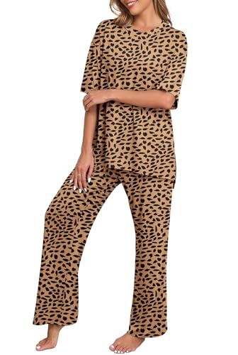 Image of PrinStory Womens Pajamas Sets 2 Piece Lounge Set Short Sleeve Tops and Long Pants Soft Pjs Loungewear with Pockets