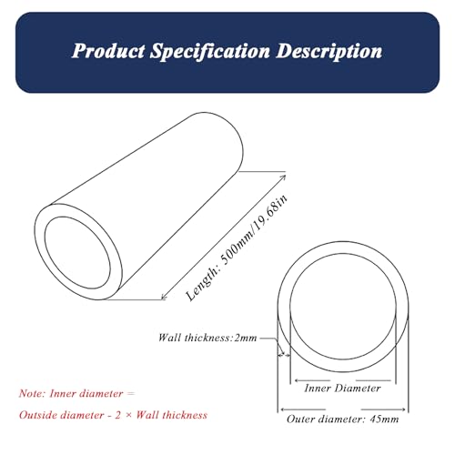 WSYCWG 6063 Aluminum Round Tube, Wall Thickness 2Mm Length 500Mm Aluminum Hollow Rod Aluminum Straight Tubing Suitable for Industrial,OD: 45mm