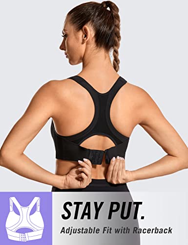 SYROKAN Women's Sports Bra Front Adjustable High Impact Support Padded Wireless Racerback Plus Size Running Bra Black 42DD