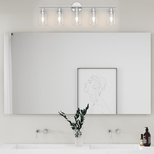 Image of Bathroom Vanity Light Fixtures Polished Chrome Bathroom Lighting Fixture, 5 Lights Bathroom Light Fixture Over Mirror, Modern Black Vanity Light, Wall Sconces with Glass Shades