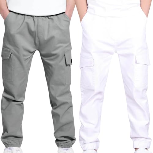 2pc Boys Cargo Pants Childrens Comfy Track Stretch Elastic Waist School Kids Twill Joggers for 4-13 Years