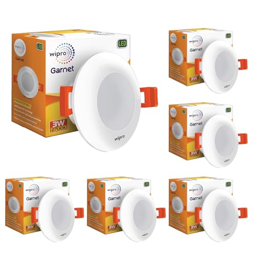 Image of wipro Garnet 3W Led Mini Downlight for Home & Cabinet| Warm White (2700K) | Compact Design with 120 Beam Angle | Recessed Down Light for False Ceiling | Cutout-2.3 Inch | Pack of 6,Polycarbonate