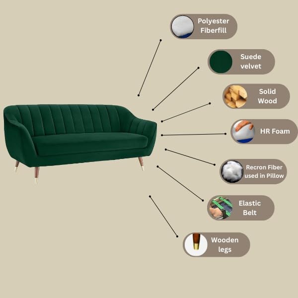 Image of AMATA Marino 3+2 Seater Green Suede Velvet Fabric Sofa Set with Two Cushions Perfect for Home Office Guests Living Room with 3 Year Warranty (04 Green, 3+2 Seater)