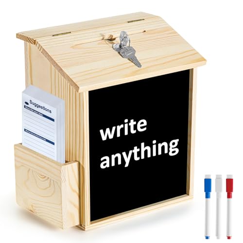 Esilihom Lockable Wooden Suggestion Box for Donations Ballot & Feedback | Charity Tip & Collection Box with Blackboard 50 Cards & Pens | Wall Mount or Countertop for Office Church School
