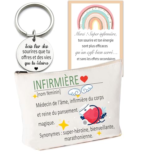 MKISHINE Cadeau Humoristique pour Infirmière – Trousse de Toilette + Porte-Clés + Carte – Idée Originale pour Remercier une Infirmière au Top