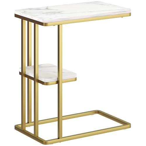 HOMCOM Mesa Auxiliar Estructura en C, Mesita Auxiliar Estrecha de 2 Niveles con Estante, Mesita de Noche Moderna para Espacios Pequeños, Salón, Dormitorio, 50x30x57,5 cm, Blanco Efecto Mármol