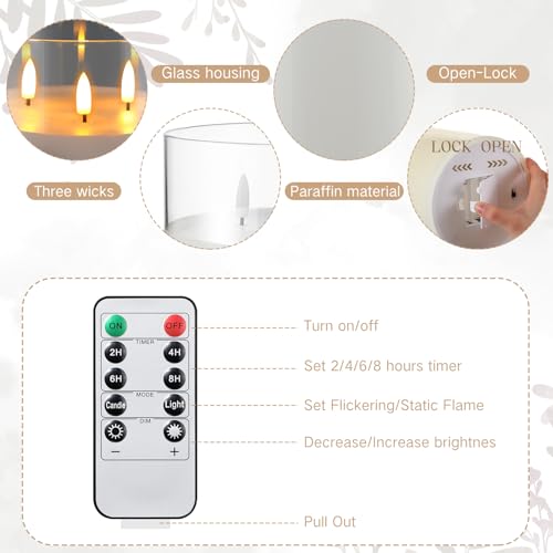Image of Retisee 6'' x 6'' Extra Large Flameless Candles, 3 Wick Glass Large Candles with Remote Control and Timer Function, Real Wax LED Pillar Flickering for St. Patrick's Spring Party Decor(Clear,2 Pcs)