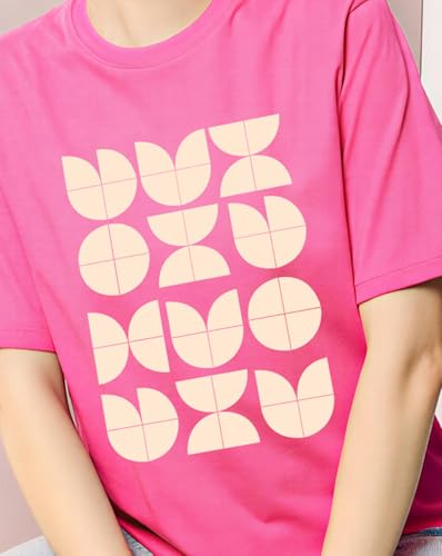 Image of Women's Typography Round Neck Cotton-Blend T-Shirts, Oversized Drop Shoulder Boho Style T-Shirt