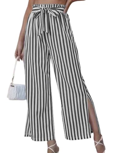 utcoco 2025 Side Slit Striped Pants for Women Casual High Waist Wide Leg Trousers with Belt