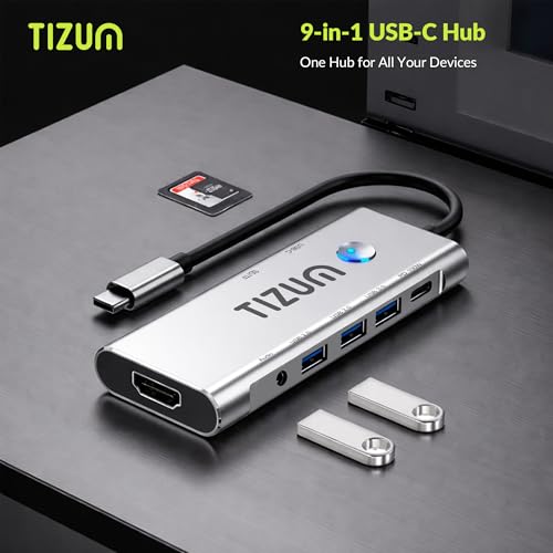 Image of Tizum 9-in-1 USB C HUB with 4K HDMI, On /Off Button, 100W PD Charging, USB C, USB 3.0 5Gbps, 2x USB 2.0, SD /TF Card Reader, 3.5mm Audio| Type C Multiport Adapter for MacBook Laptop, Tablet, Plug & Play