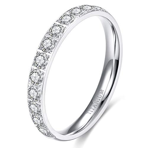 TIGRADE 3mm Womens Titanium Eternity Rings Half Cubic Zirconia Statement Wedding Engagement Band (Silver, 7)