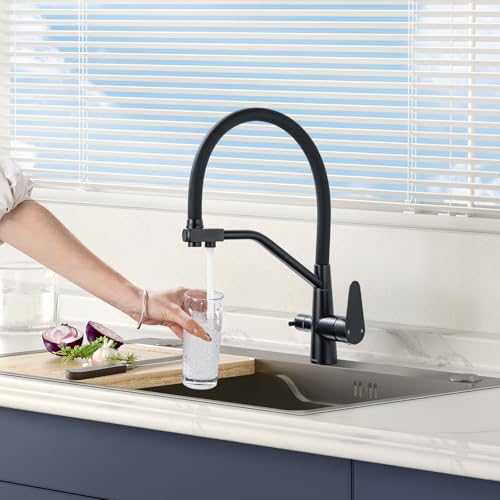 LakeBayMZC Grifo de Cocina de 3 vías,grifo mezclador 3 en 1 para filtro de agua,grifo de agua potable con 2 palancas,giratorio 360°,grifo de cocina de tres vías de acero inoxidable SUS 304, Negro Mate