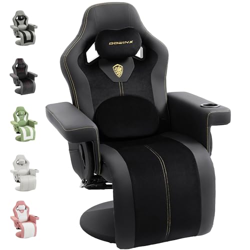Dowinx Racing Style Gaming Recliner Chair with Massage Lumbar Footrest Cup Holder Side Pouch High Back Ergonomic Video Game Chair Reclining No Wheels Heavy Duty Black Yellow FabricLeather