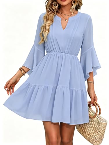 Image of Womens Spring Summer Mini Dress Western Ruffled Sleeve Chiffon V Neck Flowy A Line Short Wedding Guest Party Dresses