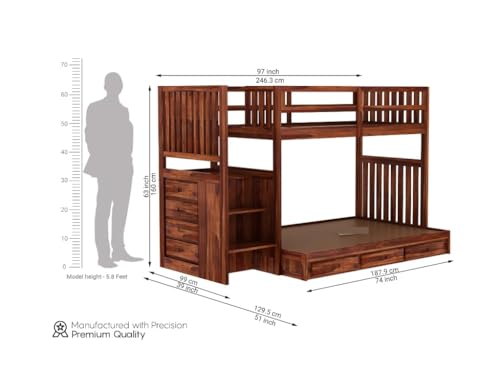 Image of Custom Decor Sheesham Wood Bunk Bed | Wooden Double Bed Bed Furniture for Bedroom | Living Room | Home (Spring-N)