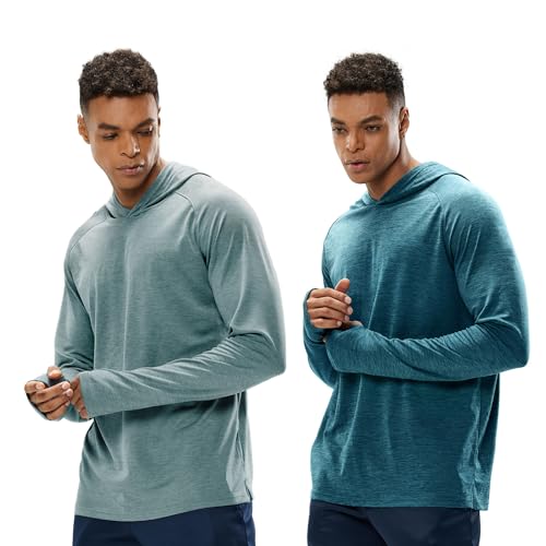 MIER Men's UPF 50+ Sun Protection Hoodie Long Sleeve SPF Fishing Hiking Thumbhole Shirts Hooded Quick Dry, 2 Pack