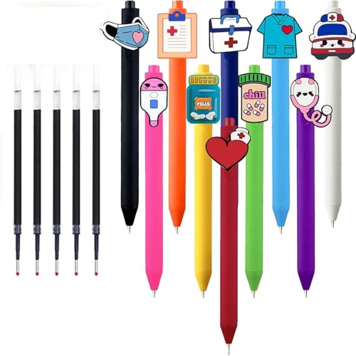 Zheigaoxea 10-Pack Nurse Pens with Heart & Stethoscope Designs - Black Ink Medical Pens for Nurses, Doctors & Students, Includes 5 replacement refills,Medical Themed Writing Instruments