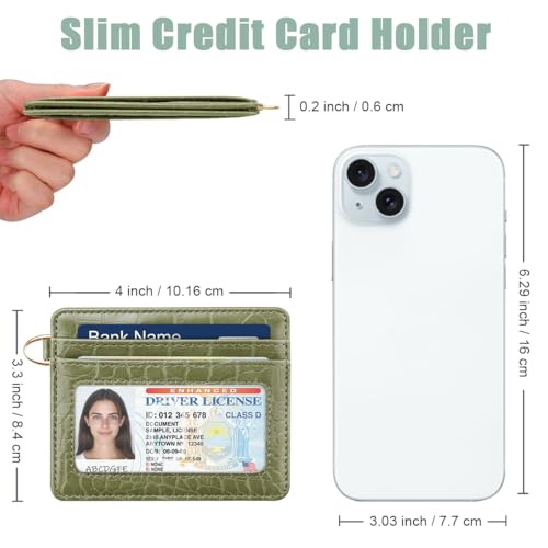 Image of Slim Credit Card Holder Crocodile Wallet Women Thin Wallets | Alligator Print RFID Blocking Minimalist Lightweight Pocket Small Cute Cards Holders ID Window, Olive Croc
