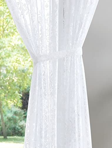 Warm Home Designs Pair Of 108 X 108 Xl White Curtain Room Dividers With Attached Matching Valance, Tassels & 2 Tiebacks. Extra Wide Curtain Panels With English Rose Lace Pattern. L White Wall 108” #TOP1