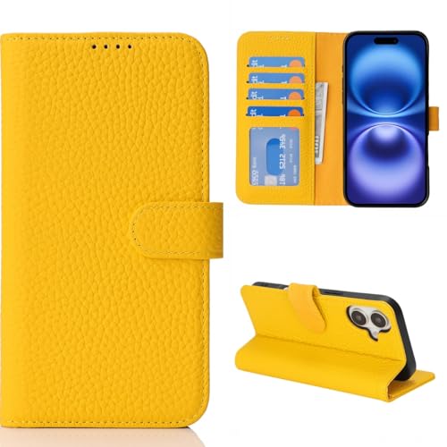 Coque compatible iPhone 16 étui portefeuille en cuir véritable jaune Cavor