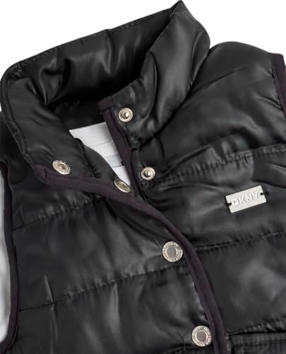 Image of DKNY Girls' Vest Set - 3 Piece Button Down Quilted Puffer Vest Long Sleeve Shirt and Flare Leggings Set (Sizes: 2T-6X)