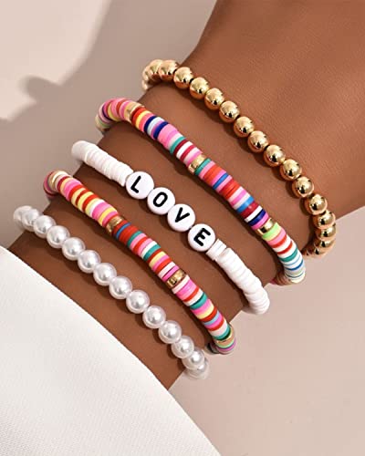 Yfstyle Preppy Heishi Surfer Bracelets Colorful Smiley Face Evil Eye Beaded Stackable Bracelets For Women Girls Polymer Clay Pearl Y2K Bracelets Aesthetic Boho Disc Bracelets-Love #TOP3
