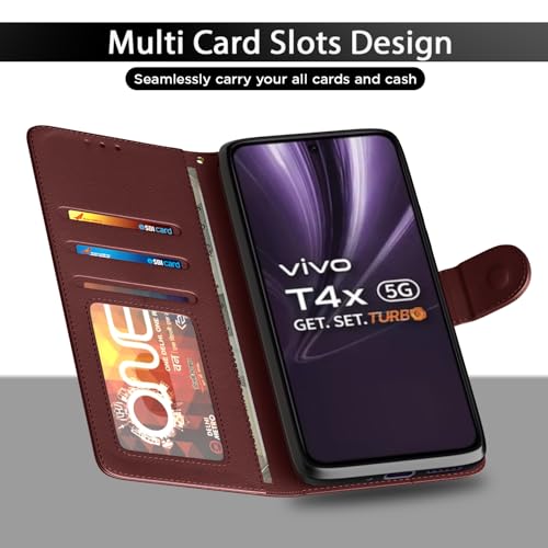Image of Amazon Basics Flip Cover for Vivo T4x 5G / iQoo Z10x 5G Leather Finish | Wallet Stand and Shock Proof | Inside TPU with Card Pockets | Complete Protection Flip Case(Brown)