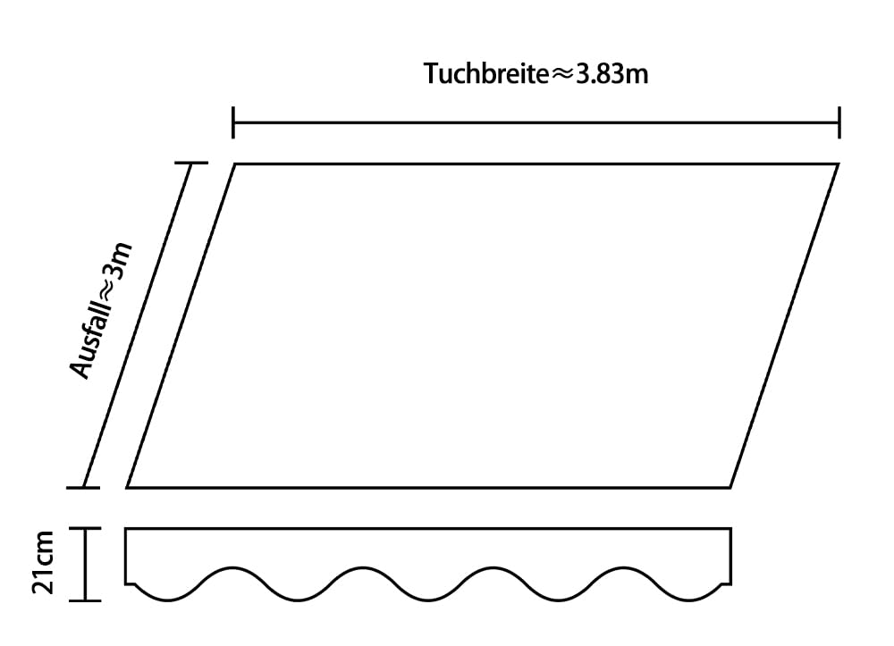 VANA Markisenstoff mit Volant für 4 x 3 m Markisen-Ersatzstoff Markisentuch Bespannung Markisenbespannung Sonnenschutz fertig genäht Maß Tuch 3,83 x 3 m Volant 3,83 x 0,21 m Design SPD060