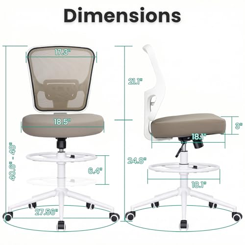 Image of Armless Drafting Chair Tall Office Chair for Standing Desk - Adjustable Height Mesh Ergonomic Stool with Foot Ring, Rolling Counter Height Computer Chair for Small Spaces & Home Office