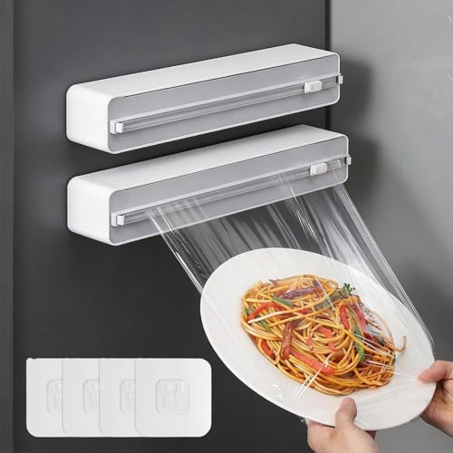 EAAGHK 2 Stück Magnetischer Frischhaltefolienspender, Folienspender mit Schneidefunktion Frischhaltefolie Schneider Küchenorganizer Alufolienspender - Magnetische & Klebebefestigung ohne Bohren