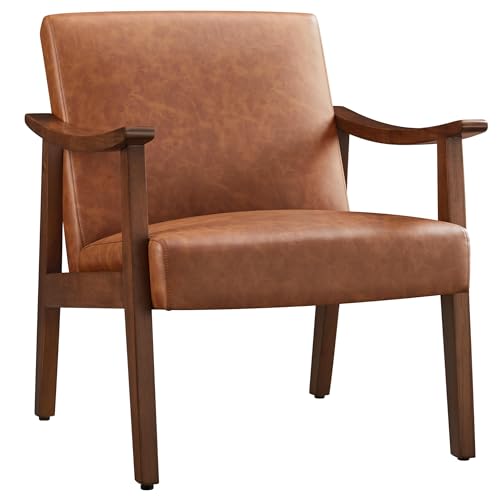 Yaheetech Butacón de Salón Tapizado en PU, Sillón Individual con Reposabrazos de Madera Maciza, Respaldo Acolchado, Ergonómico, Soporta 136 kg, Marrón