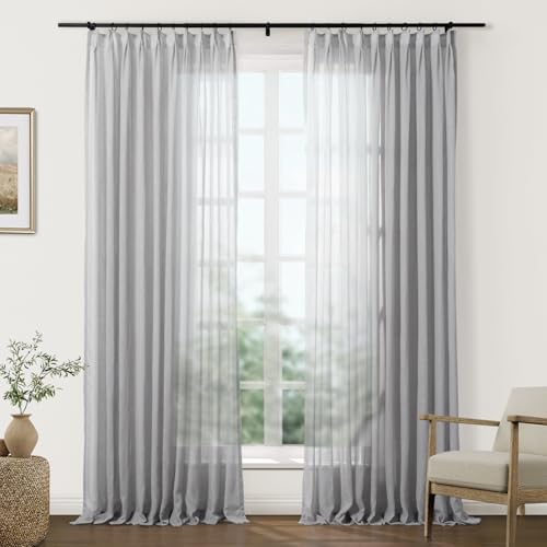 Image of TWOPAGES Light Grey Pinch Pleated Sheer Curtains, 100 inch W x 96 inch L, 2 Panels