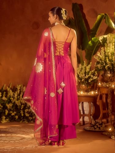 Image of FIORRA Women's Pink Viscose Chanderi Embroidered & Gota Patti Work Ethnic A-Line Kurta Set with Dupatta