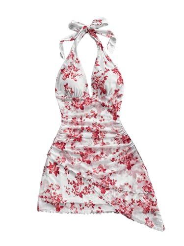 Image of BEAUDRM Women's Summer Mini Dress Halter Backless Vacation Beach Sundresses | Boho Dress, Floral Dress for Women, Vacation Beach Outfits, Going Out Dress, Brunch Outfits