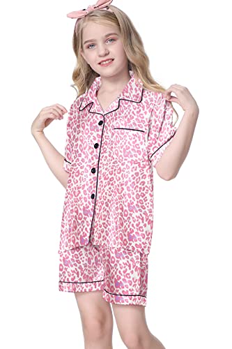 Image of Umeyda Women & Girls Pajamas Set, Soft Satin Lightweight Silk Button-Down Top with Shorts 2 Piece PJS for Mom Boys Kids Gifts