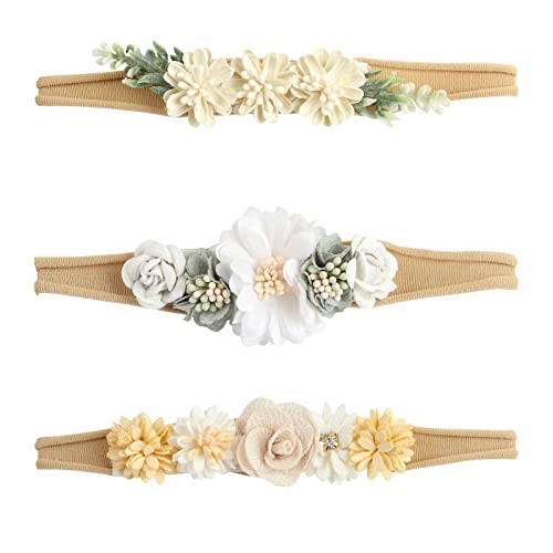 Image of Baby Girl Flower Nylon Headband-Elastic Hair Band Handmade Bow For Newborn Infant Toddler Pack of 3 (Multicoloured-8)